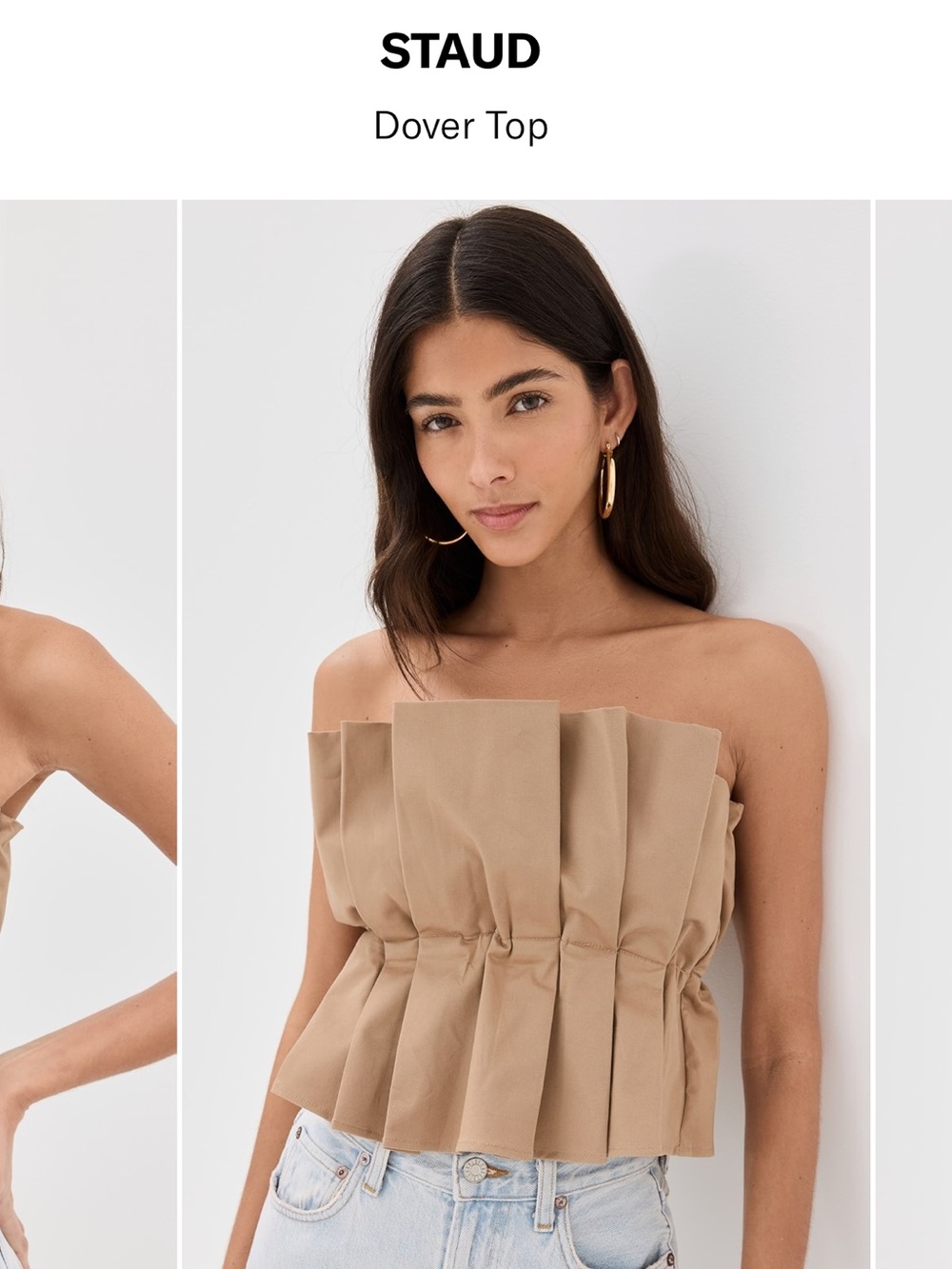 STAUD Dover Strapless Pleated Top — Tan